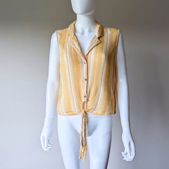 Patrons of Peace Crepe Yellow & White Stripe Tie Front Tank - Picture 2 of 9